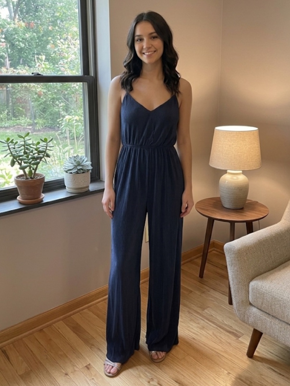 New TEN SIXTY SHERMAN Medium Navy Ribbed Knit Wide Leg Jumpsuit